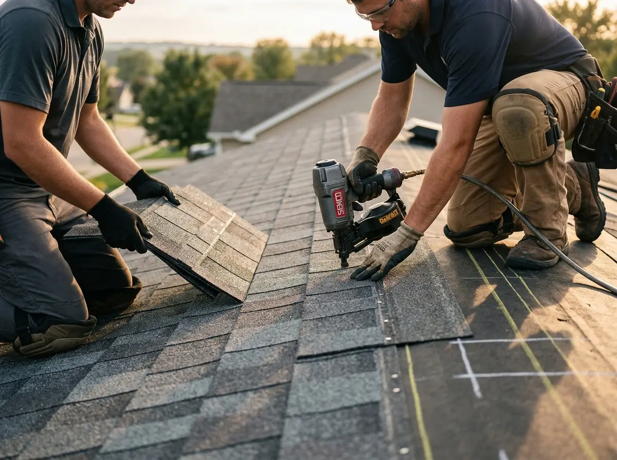 Professional roofer working on a residential roof in Big Rapids